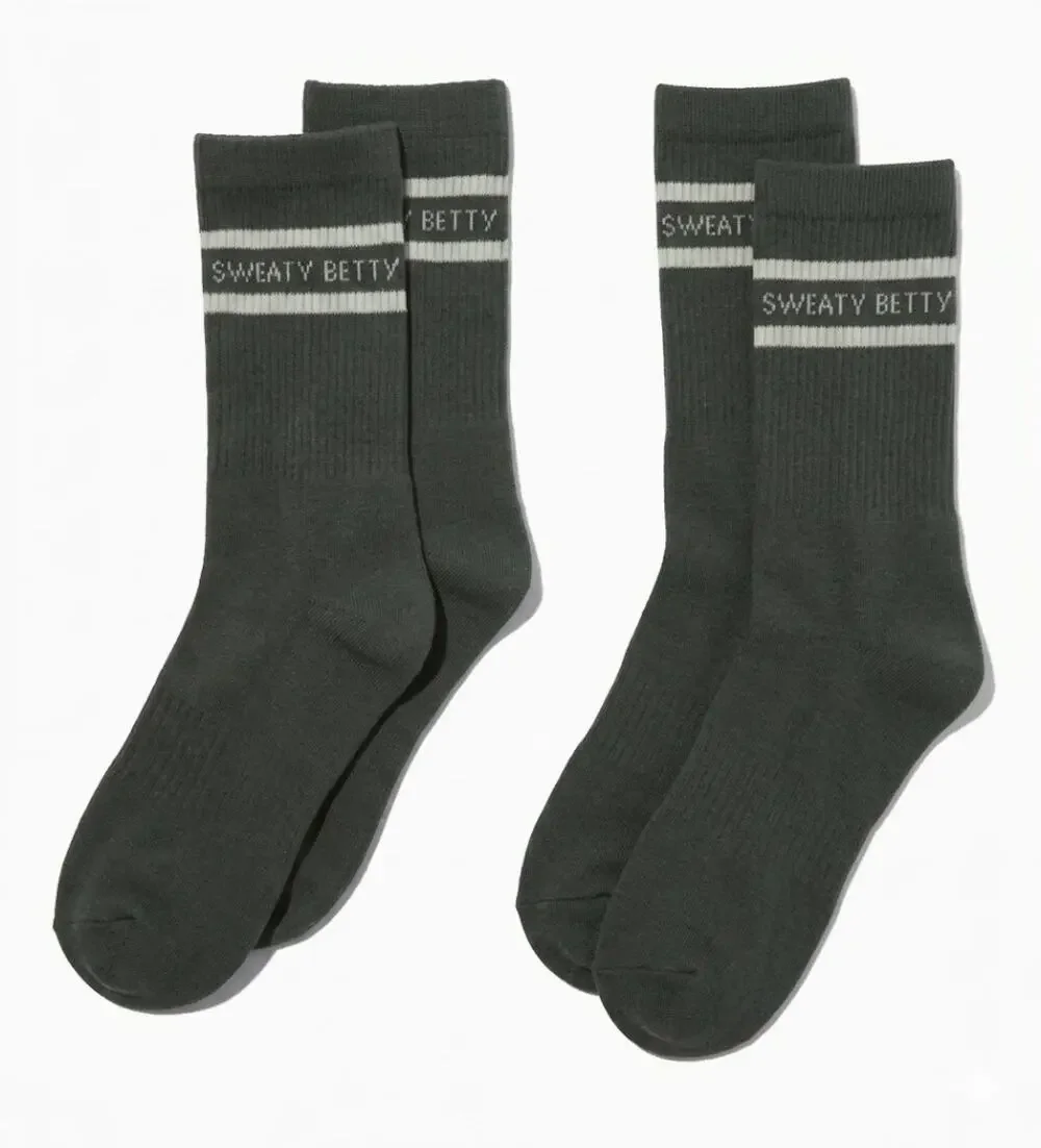 2 Pair Sweaty Betty Varsity Slogan Crew Socks Umbra Green (Gray) Size 8-10 NWT